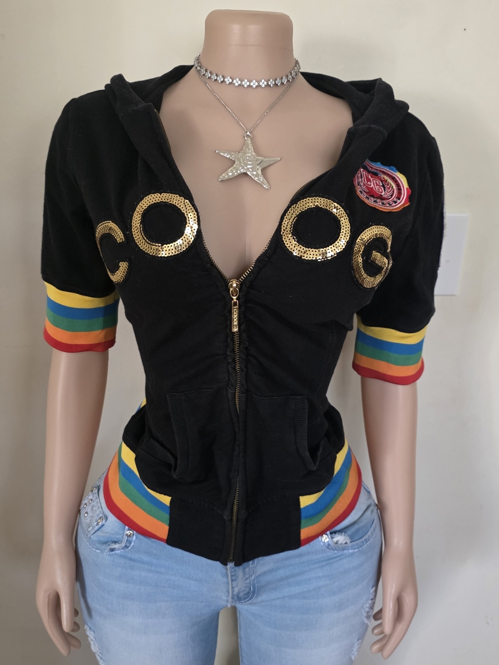 RARE Y2K Vintage COOGI Black Zip Hoodie with Rainbow Stripes & Gold Sequin Logo